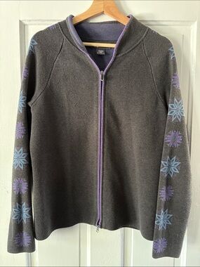 Eddie Bauer Charcoal Bomber Jacket with Purple Lining and Blue-Purple Snowflakes